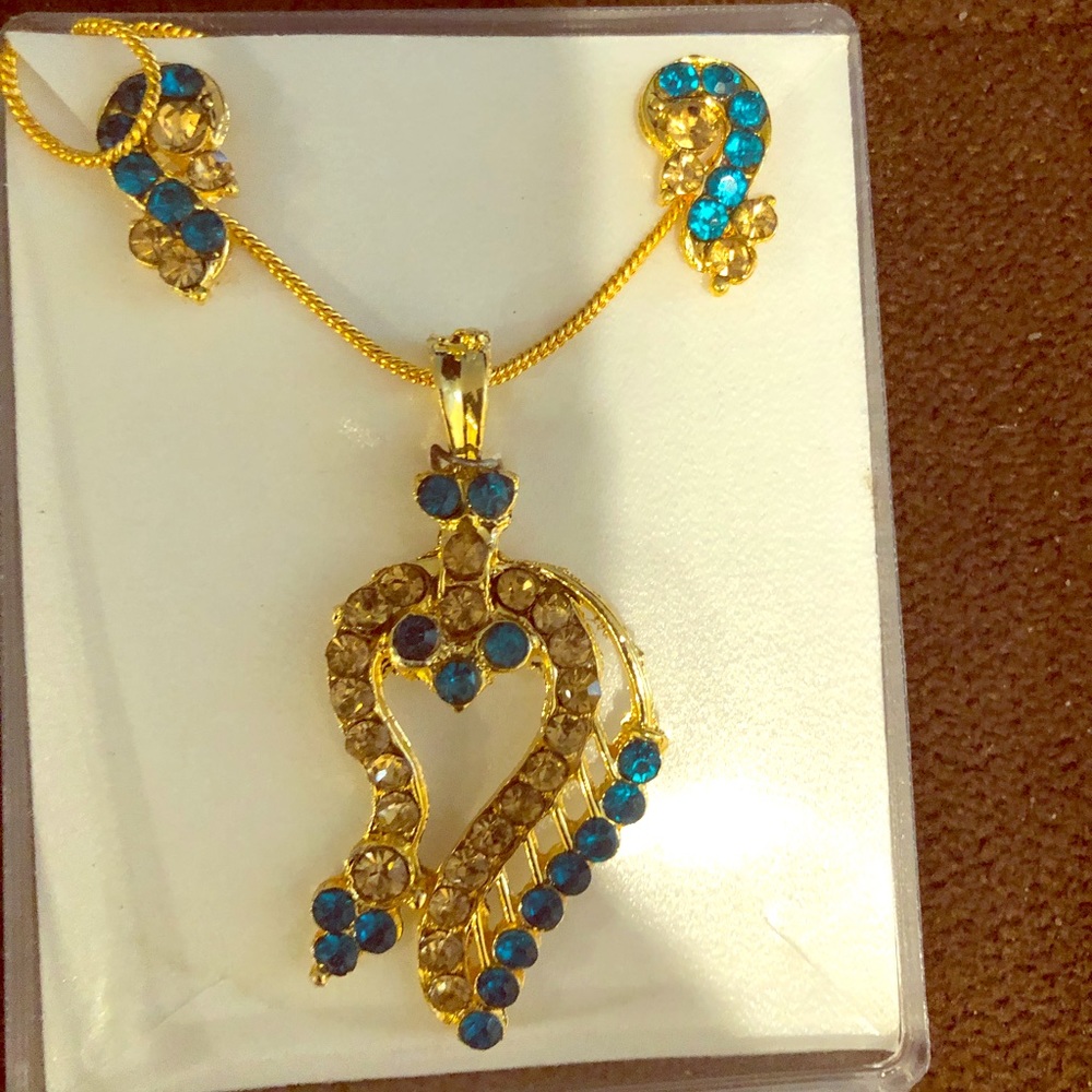 NEW Necklace and earrings- blue and gold